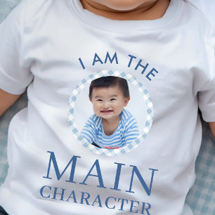 Cute 1st Birthday Blue Main Character Photo Baby T-Shirt