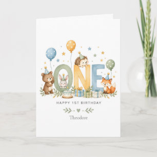 Cute 1st Birthday Card for Boy Woodland Animals