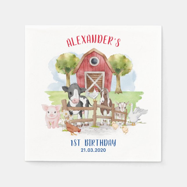 Cute 1st Birthday Farm Animals Barnyard Kids Napkin (Front)