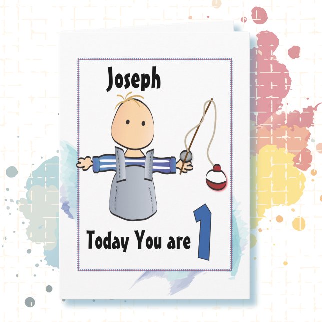 Cute 1st Birthday Fishing Cartoon Little Boy Card (Creator Uploaded)