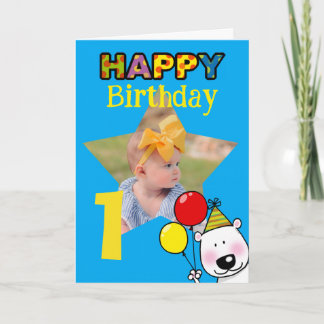 Cute 1st Birthday Photo Bear Balloons Card