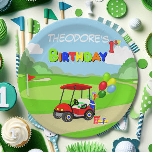 Cute 1st Birthday Red Golf Cart Boy's Paper Plate