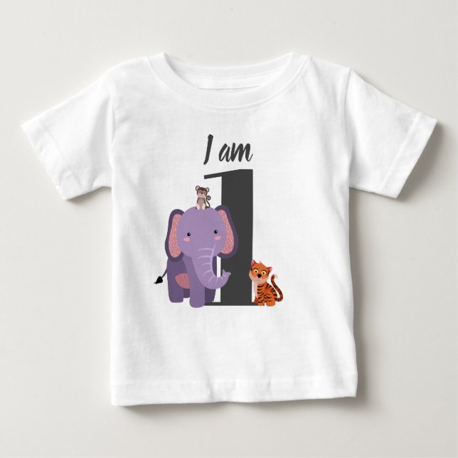 Cute 1st Birthday Safari Elephant Tiger Monkey Baby T-Shirt (Front)