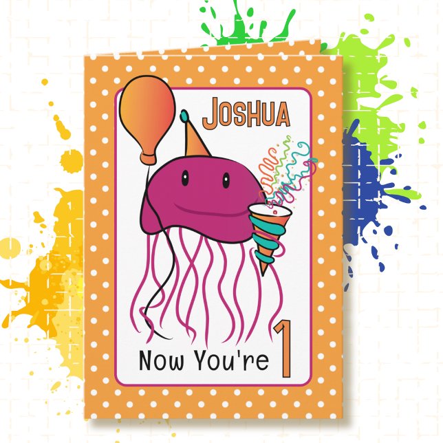 Cute 1st Birthday Sea Animal Cartoon Jellyfish  Card (Creator Uploaded)