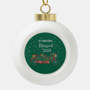 Cute 1st Christmas Married 2025 Tandem Bicycle  Ceramic Ball Christmas Ornament