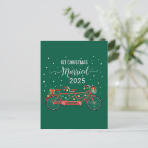 Cute 1st Christmas Married 2025 Tandem Bicycle  Postcard