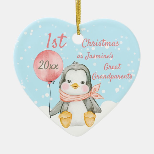 Cute 1st Christmas Penguin Great Grandparents Pink Ceramic Tree Decoration (Front)