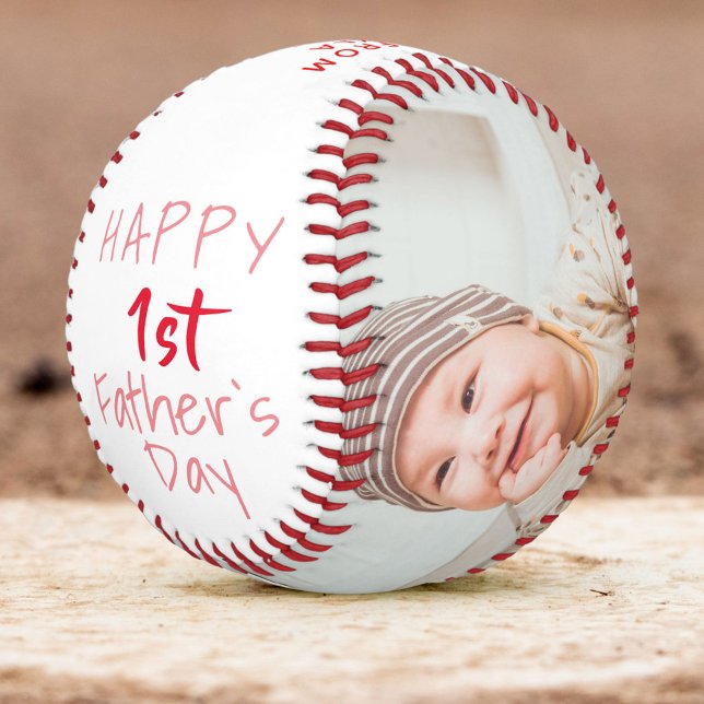 Cute 1st Father`s Day Pink Script 2 Photo Collage Softball (Creator Uploaded)