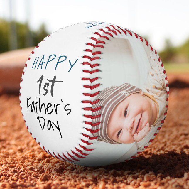 Cute 1st Father`s Day Script White 2 Photo Collage Baseball (Creator Uploaded)
