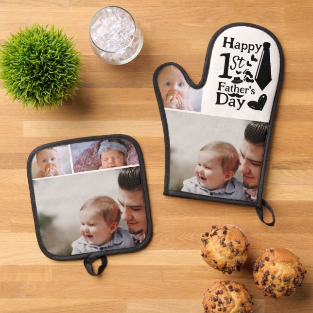 Cute 1st Father's Day Script 3 Photo Collage Oven Mitt & Pot Holder Set (Top Down)