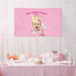 Cute 1st First Birthday Pink Personalised Photo Banner