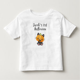 Cute 1st Halloween Pumpkin Cat with Name Toddler T-Shirt