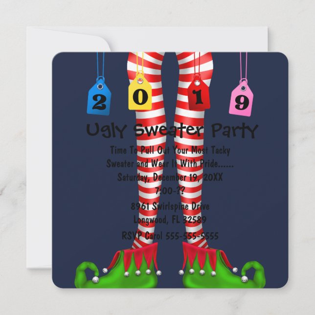 Cute 2019 Elf Stocking Chritmas Party Invite (Front)
