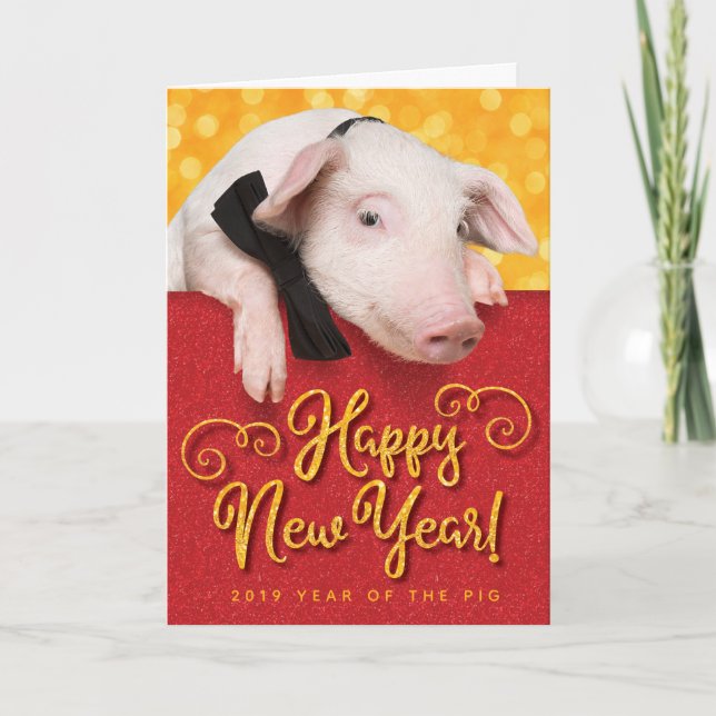 Cute 2019 Happy New Year Pig With Bow Tie Card (Front)