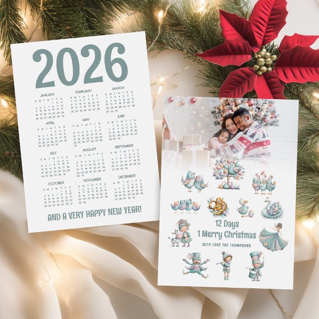Cute 2026 Calendar Photo 12 Days of Christmas  Holiday Card (Front and back view)