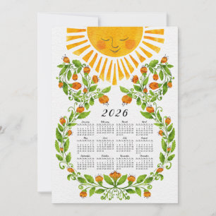 Cute 2026 Calendar Sun and Orange Flowers Holiday Card