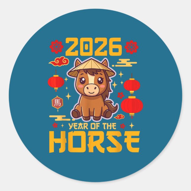 Cute 2026 Year Of The Horse Happy Chinese New Year Classic Round Sticker (Front)