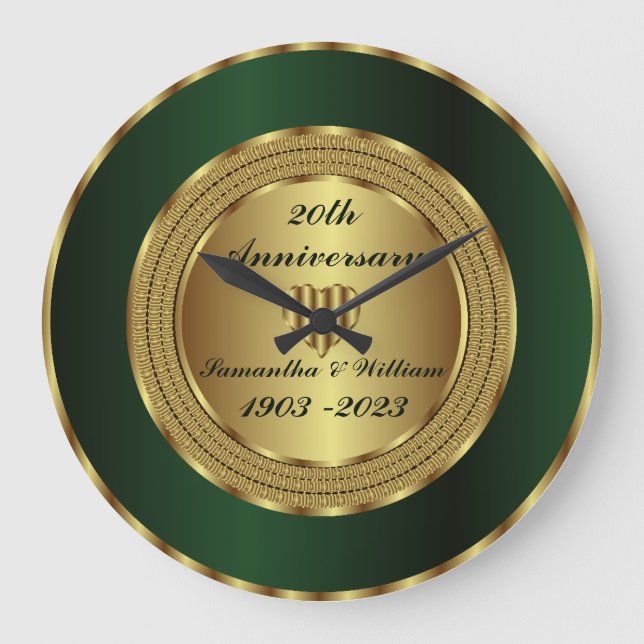 Cute 20th Emerald And Gold Wedding Anniversary Large Clock (Front)