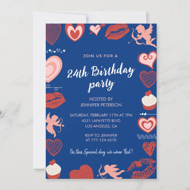 Cute 24th birthday invitations Hearts Blue (Front)