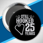 Cute 25th Anniversary Couples Married 25 Years 10 Cm Round Badge<br><div class="desc">This fun 25th wedding anniversary design is perfect for fishing couples that have been married for 25 years and are still hooked on each other & love to go fishing! Great for a 25th wedding anniversary party to celebrate 25 years of marriage! Features "Still Hooked After 25 Years" wedding anniversary...</div>