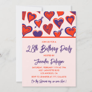 Cute 28th birthday invitation Glam Red Pink Heart 