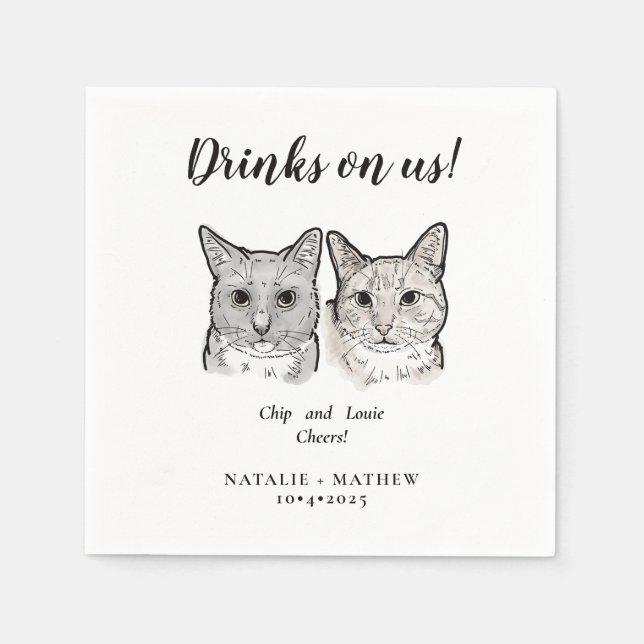 Cute 2 Cats Cheers Drinks on Us Wedding Napkin (Front)