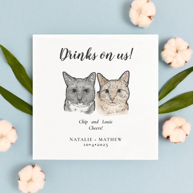 Cute 2 Cats Cheers Drinks on Us Wedding Napkin (Creator Uploaded)
