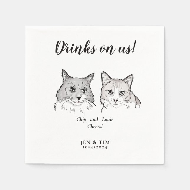 Cute 2 Cats Face Pet Cheers Drinks on Us Wedding Napkin (Front)