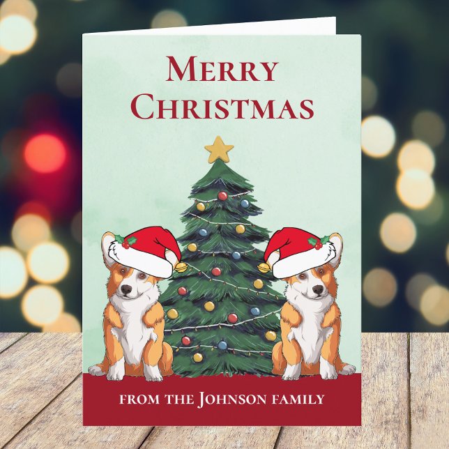 Cute 2 Corgi Christmas Tree Personalised Dog Holiday Card (Creator Uploaded)