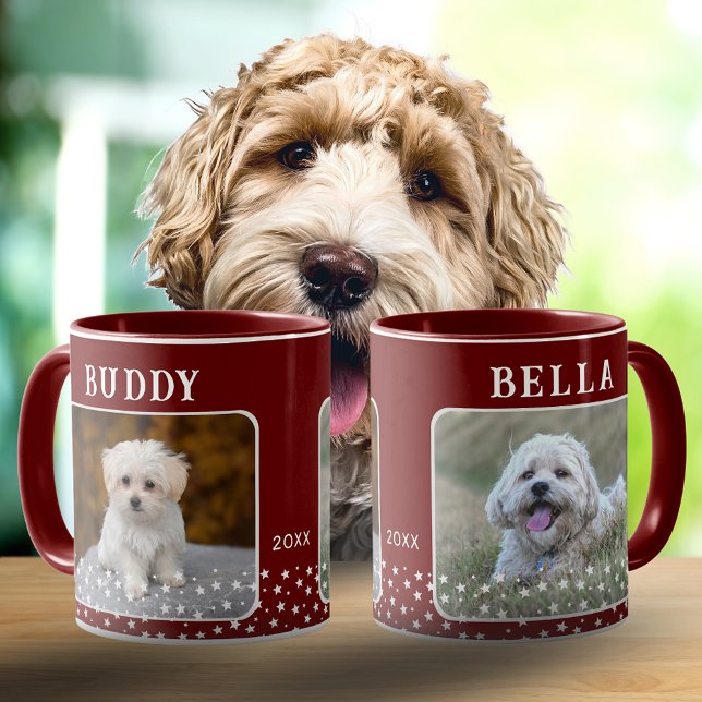 Cute 2 Dogs Photo Names Star Pattern Red Mug (Creator Uploaded)