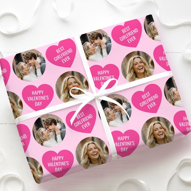 Cute 2 Photo Valentine's Day Heart Girlfriend Pink Wrapping Paper (Creator Uploaded)
