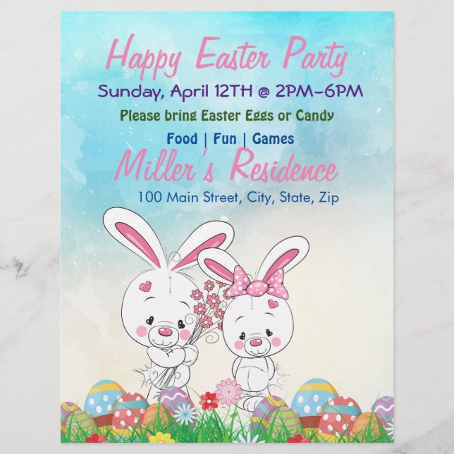 Cute 2 Pink Easter Bunny, Happy Easter Party Flyer (Front)
