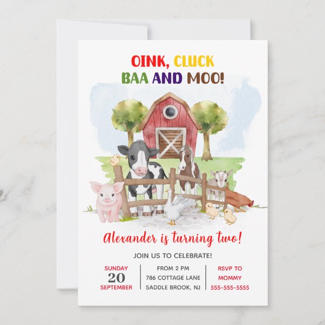 Cute 2nd Birthday Farm Animals Barnyard Kids Invitation (Front)