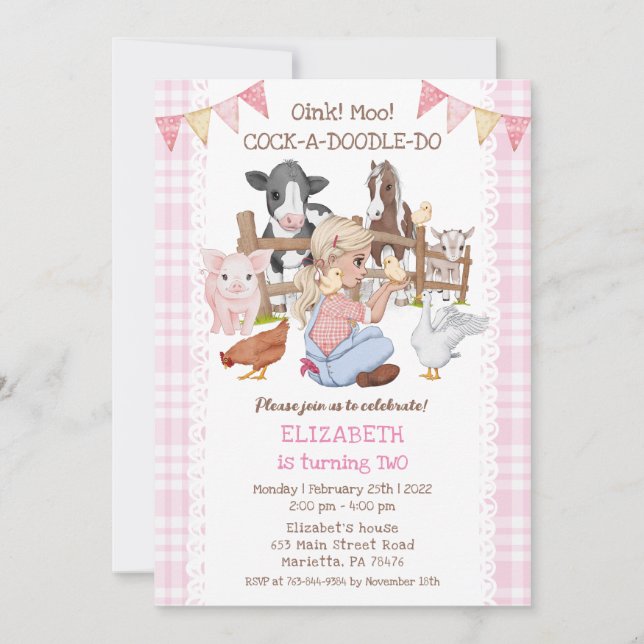 Cute 2nd Birthday Farm Animals Barnyard Kids Invitation (Front)