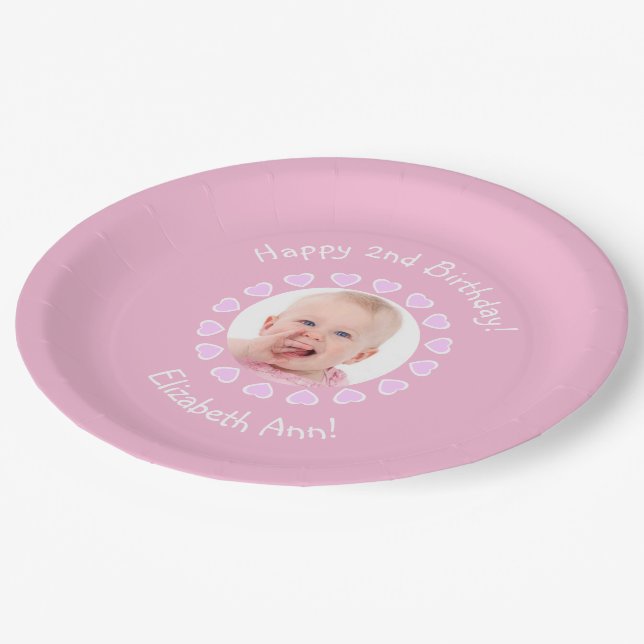 Cute 2nd Birthday Girl Pink Hearts Frame Photo Paper Plate (Angled)