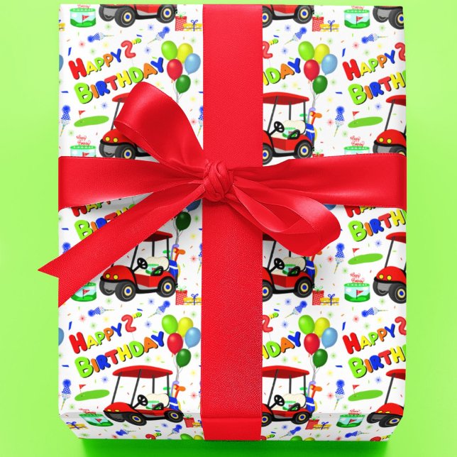 Cute 2nd Birthday Red Golf Cart Boy's  Wrapping Paper (Creator Uploaded)