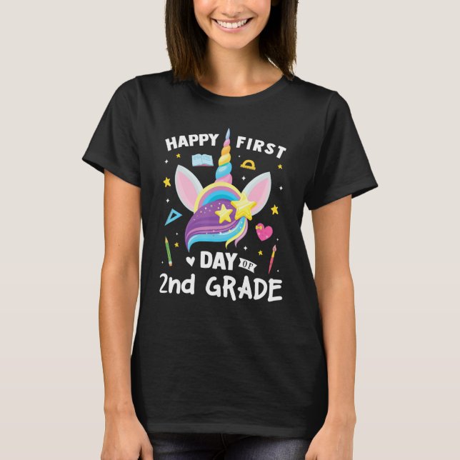Cute 2nd Grade Unicorn Kids Girls Happy First Day  T-Shirt (Front)