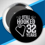 Cute 32nd Anniversary Couples Married 32 Years 10 Cm Round Badge<br><div class="desc">This fun 32nd wedding anniversary design is perfect for fishing couples that have been married for 32 years and are still hooked on each other & love to go fishing! Great for a 32nd wedding anniversary party to celebrate 32 years of marriage! Features "Still Hooked After 32 Years" wedding anniversary...</div>