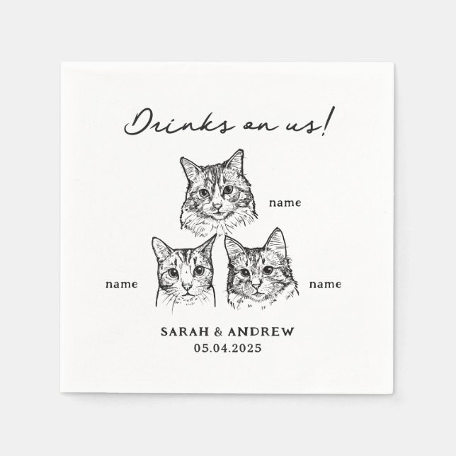 Cute 3 Cats Drinks On Us Wedding  Napkin (Front)