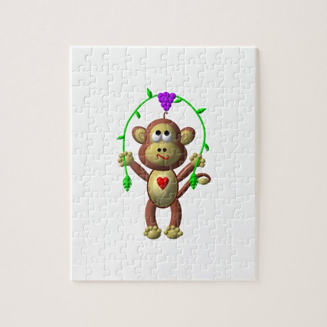 Cute 3-D Look Monkey with a Grapevine Jump-Rope Jigsaw Puzzle (Vertical)