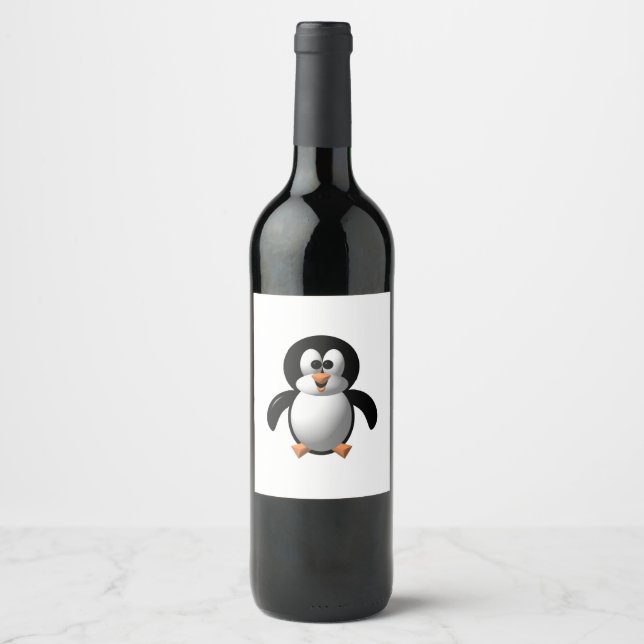 Cute 3-D Look Perky Penguin Wine Label (Front)