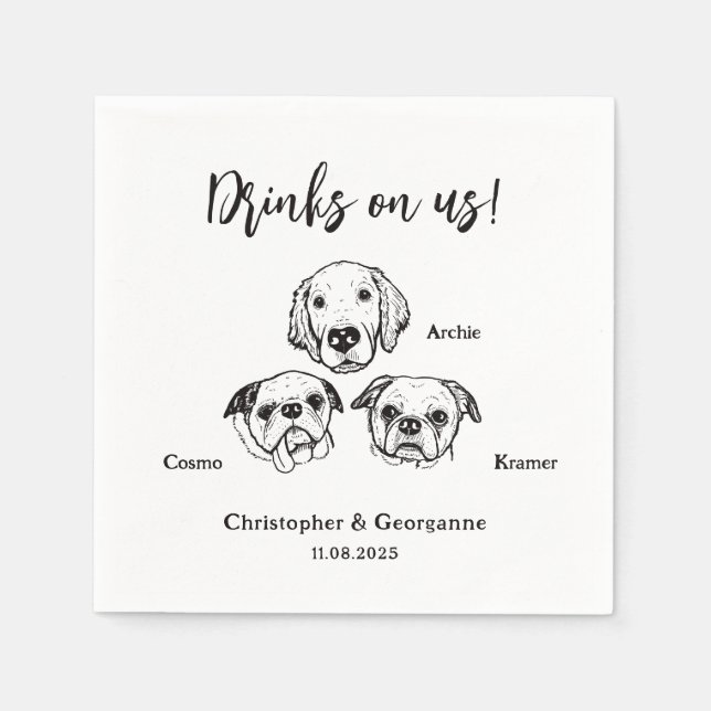 Cute 3 Dogs Pet Drinks on Us Wedding  Napkin (Front)