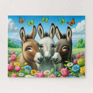 Cute 3 Donkeys In Flowers Jigsaw Puzzle