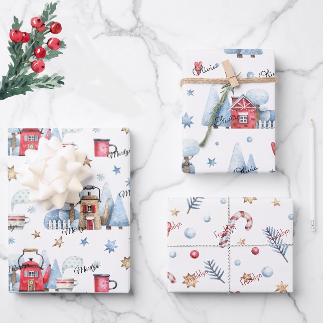 Cute, 3 Names Matching Winter Patterns 19x29 Wrapping Paper Sheet (Creator Uploaded)