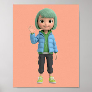 Cute 3D Anime Girl Waving Character Art Poster