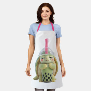 Cute 3D Cartoon Turtle Hugging Matcha Boba Tea Ill Apron