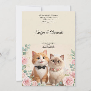 Cute 3D Cat Bride and Groom Cream Wedding Invitation