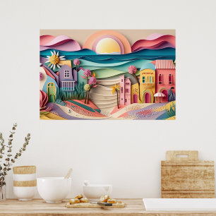 cute 3d effect beach house poster
