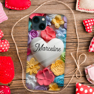 Cute 3D flowers and big white heart custom iPhone 13 Case