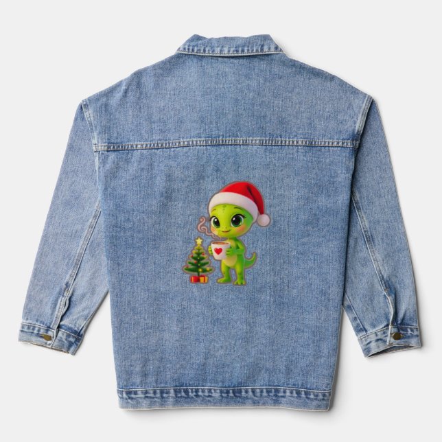 **Cute 3D Green Alien in Santa Hat with Hot Chocol Denim Jacket (Back)
